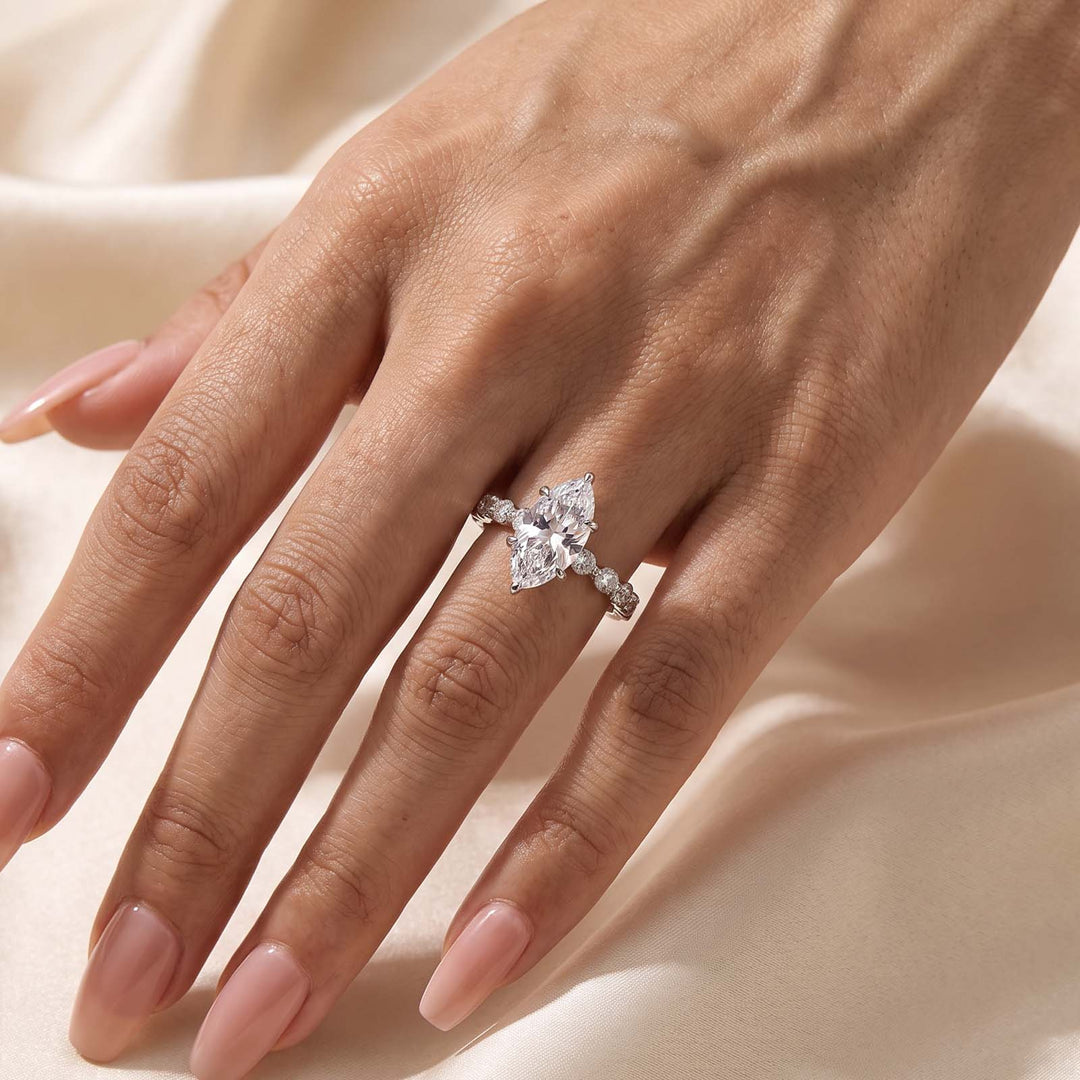 S925 Moissanite 3.0Ct Marquise Cut Side Stone Promise Ring Everyday Wearable Ring
