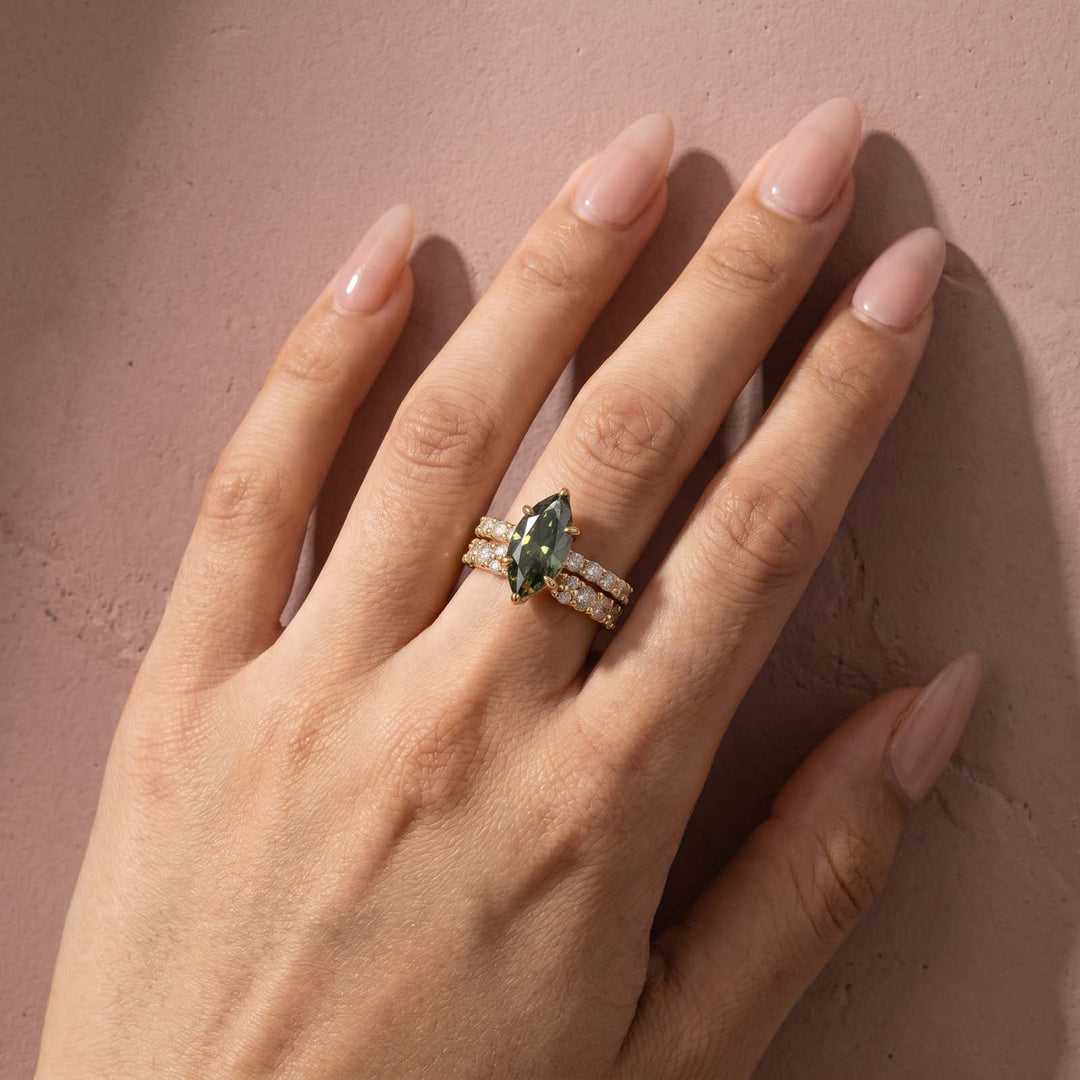S925 Green Moissanite 3.0 Ct Marquise Cut Side Stone Engagement Ring with 2.5 Ct Round Cut Full Wedding Band
