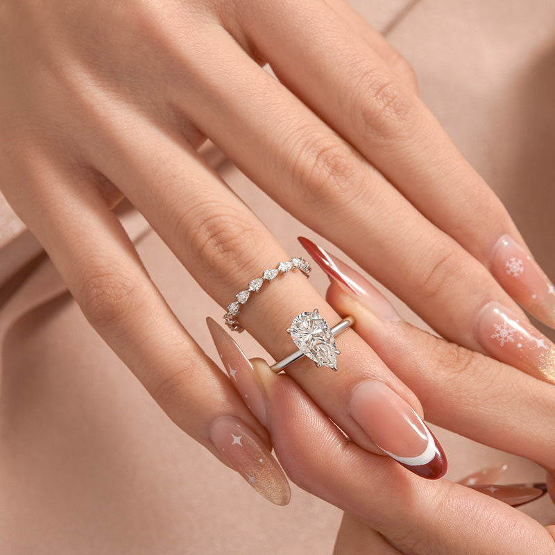 2PC Moissanite 4.0Ct Round Cut /Pear Cut Engagement Ring With Pear Cut Wedding Band Wedding Ring Set