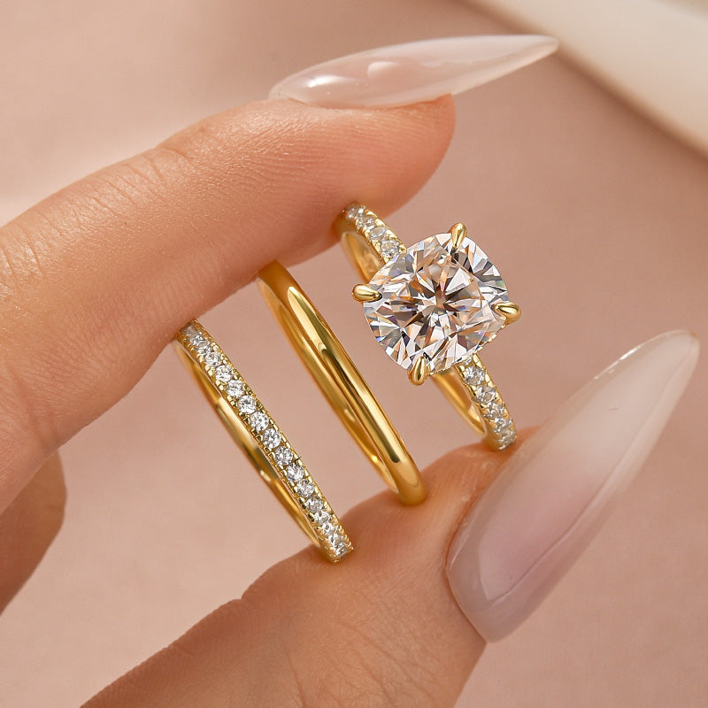 Moissanite 3.0Ct Cushion Cut Yellow Gold Travel Bridal Set