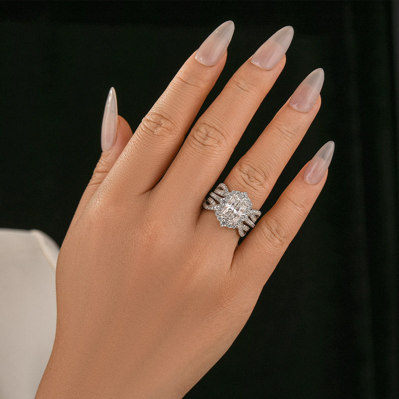 Moissanite 3.0Ct White Gold Halo Radiant Cut Stack Wedding Ring with Enhancer Wedding Band