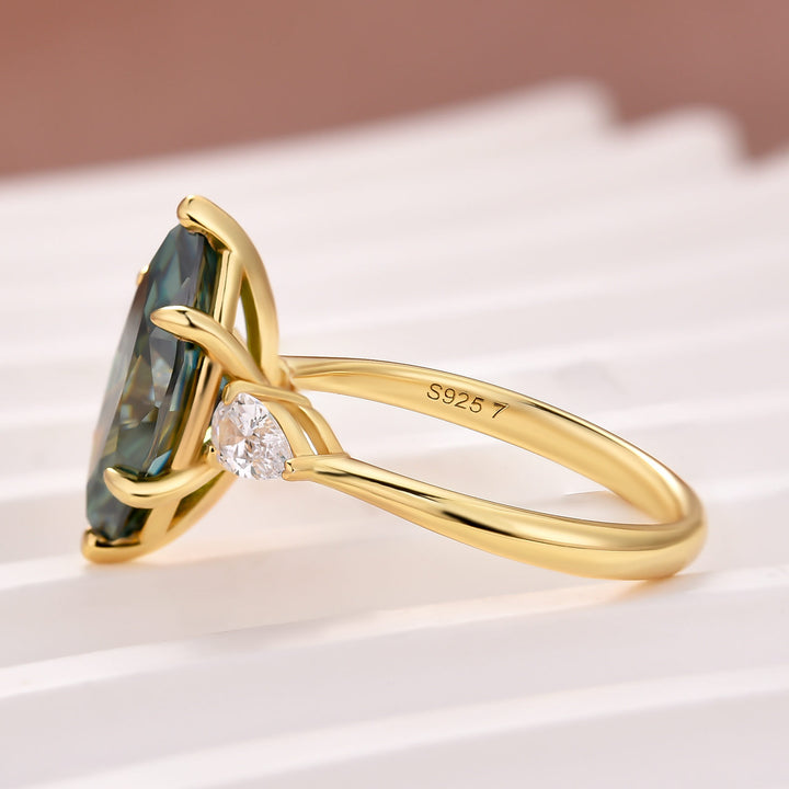 Three-Stone 3.0Ct Green Marquise Moissanite 18K Yellow Gold Plated Engagement Ring