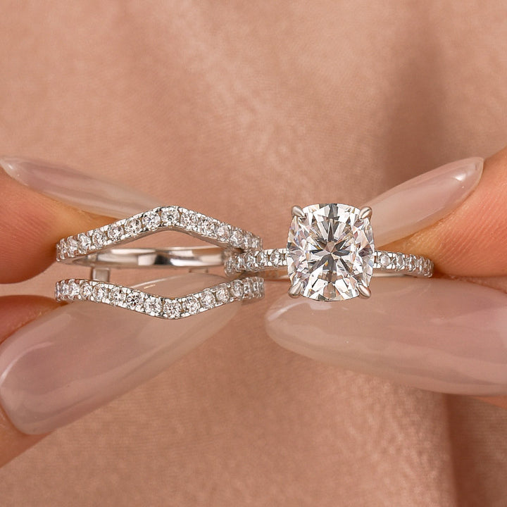 Moissanite 3.0Ct Cushion Cut White Gold Wedding Ring with Enhancer Ring