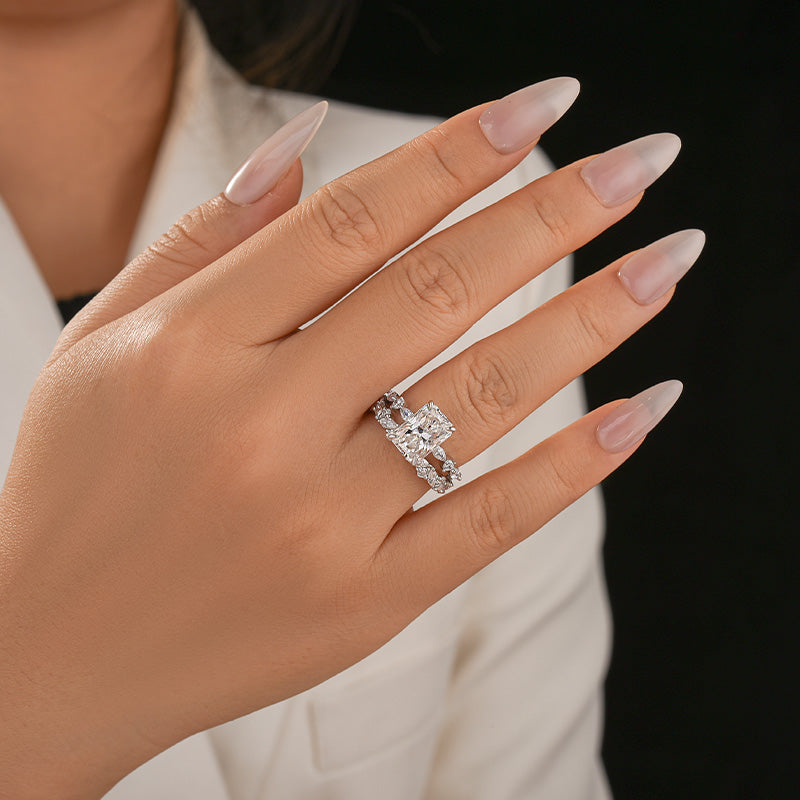 Moissanite 3.5 Ct Radiant Cut White Gold Engagement Ring with Marquise & Round Wedding Ring
