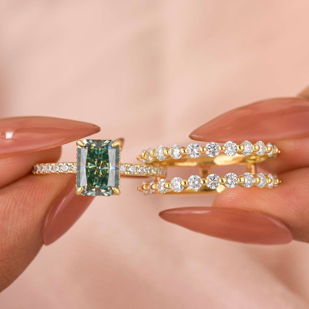 S925 Moissanite 2.0Ct Radiant Cut Green Hidden Halo Ring & 0.77Ct Band Vintage Enhancer Ring Sets For Everyday Wear