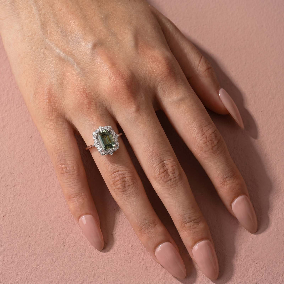 Moissanite 3.0Ct Halo Emerald Stone Emerald Cut Engagement Ring in Sterling Silver