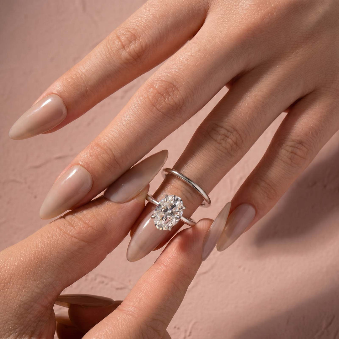 Rodiffy Moissanite 4.0Ct Solitaire Oval Cut White Gold Engagement Ring with Plain Wedding Band