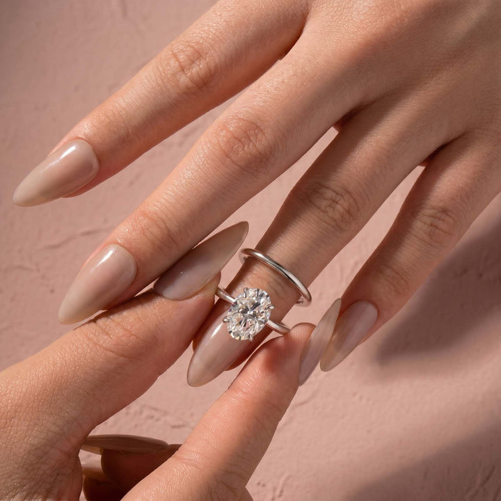 Rodiffy Moissanite 4.0Ct Solitaire Oval Cut White Gold Engagement Ring with Plain Wedding Band
