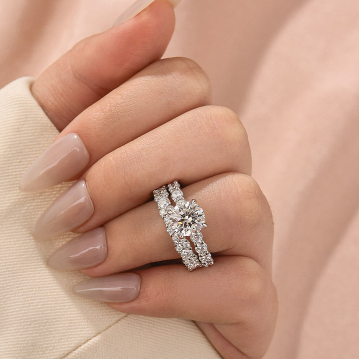 Moissanite 4.0Ct/3.0 Ct Round Cut White Gold Stack Wedding Ring with Round Cut Full Wedding Band
