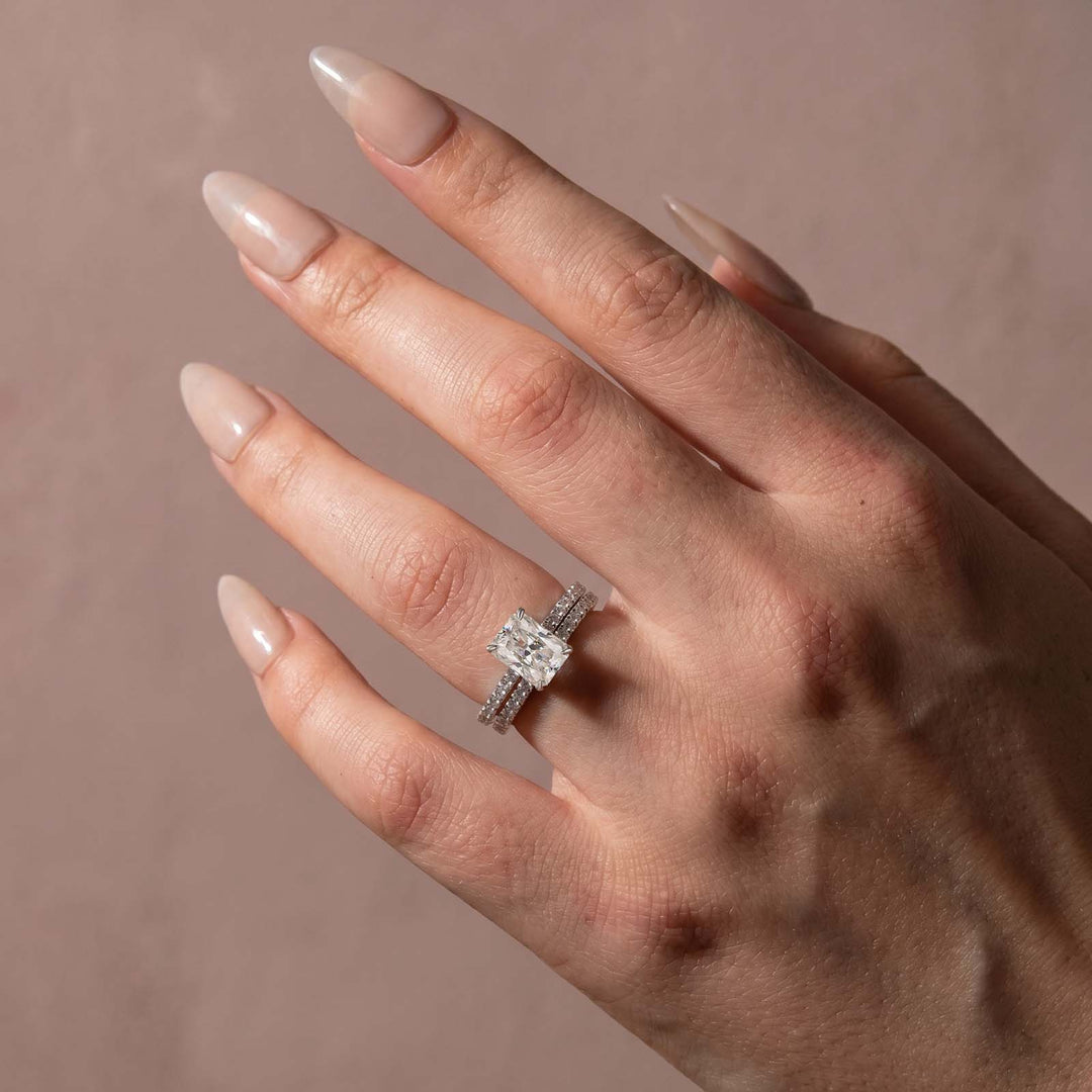 Rodiffy Moissanite S925 2.0Ct Radiant Cut Engagement Ring Set in Sterling Silver with Pave Wedding Band