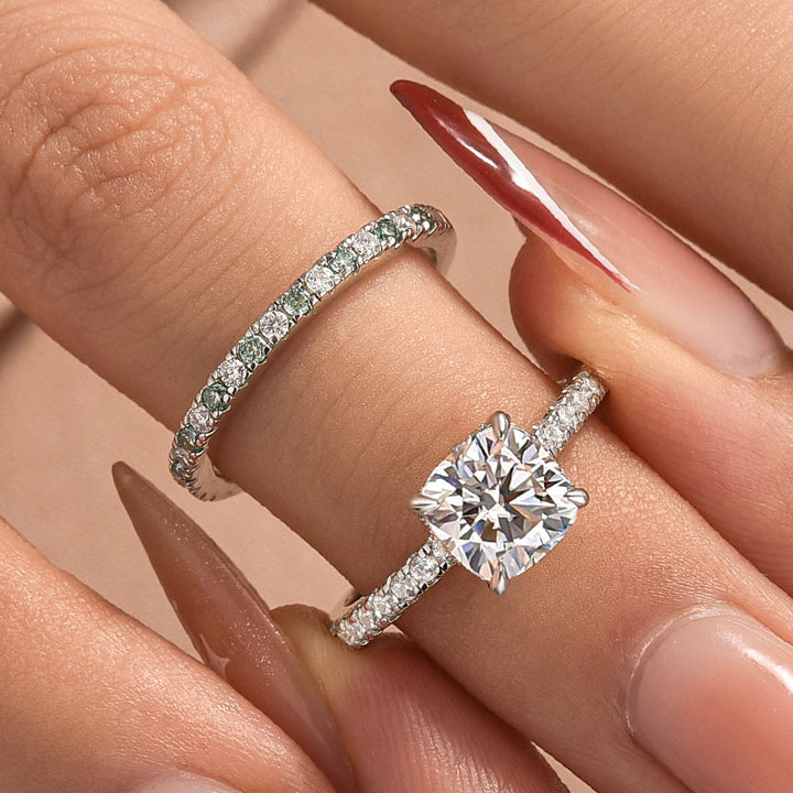 Rodiffy Moissanite 2.0Ct Cushion Cut Engagement Ring With Green &amp; White Round Cut Wedding Band