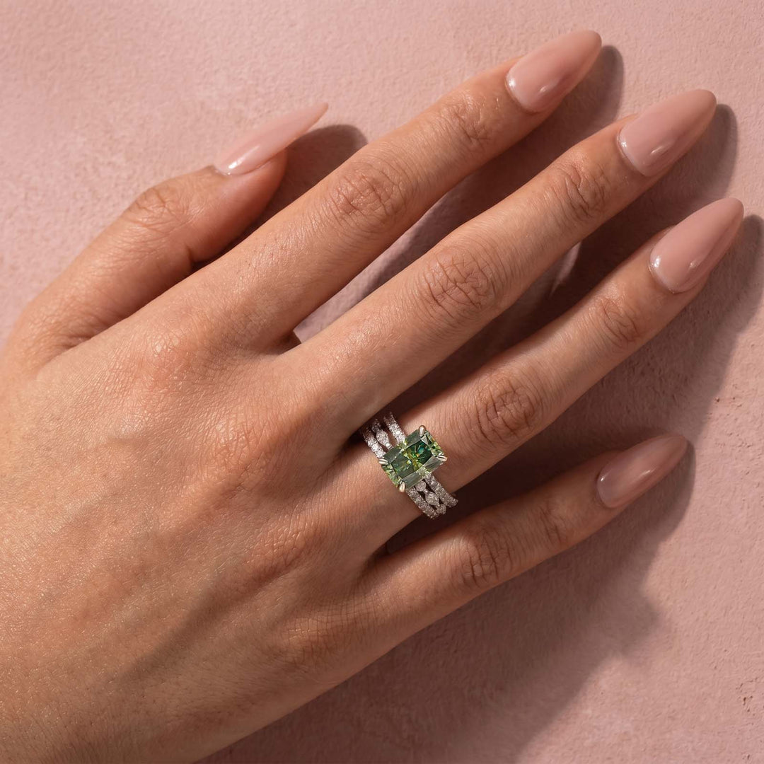 S925 Moissanite 3.5CT Radiant Cut Green Engagement Ring with Round & Marquise Accents Bands