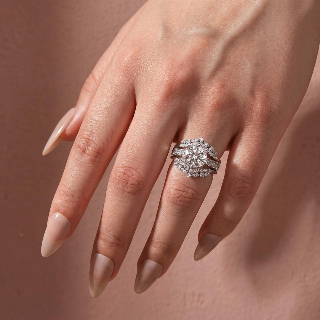 Rodiffy Moissanite 2.0Ct Round Cut Engagement Ring with 1.65Ct Enhancer Wedding Band