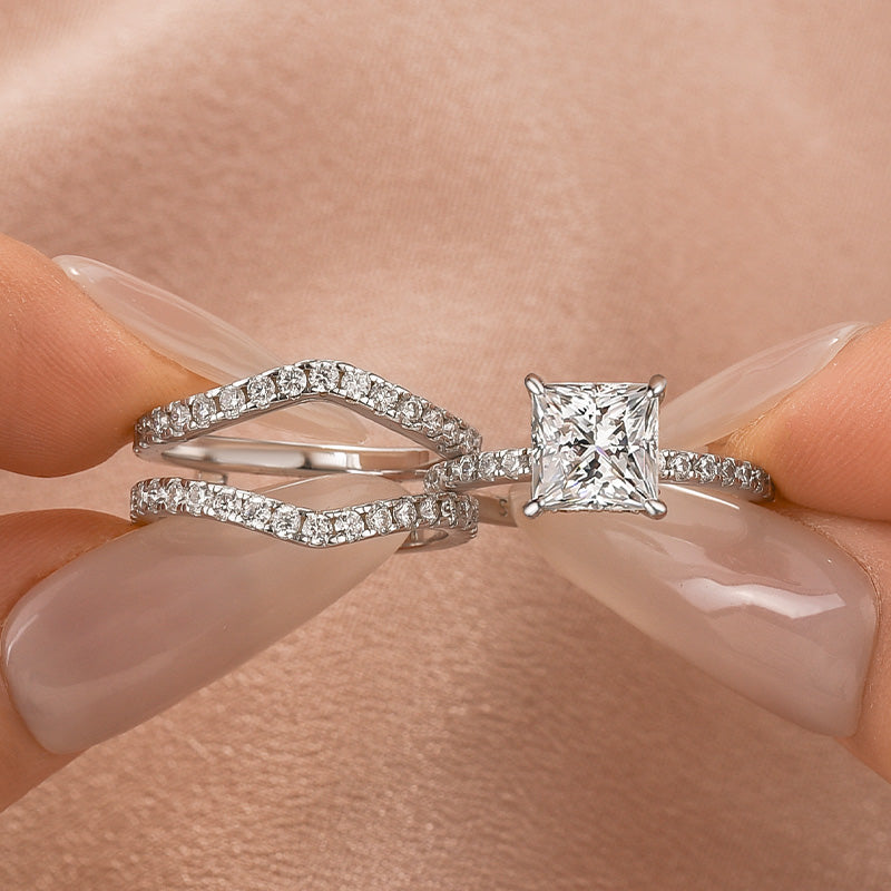 Moissanite 3.0Ct Cushion Cut/2.0Ct Princess Cut White Gold Wedding Ring with Enhancer Ring