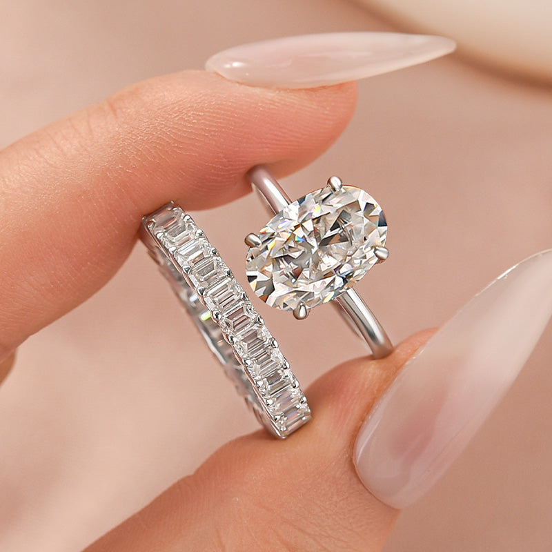 Moissanite 4.0Ct Solitaire Oval Cut White Gold Wedding Ring with Emerald Cut Wedding Ring