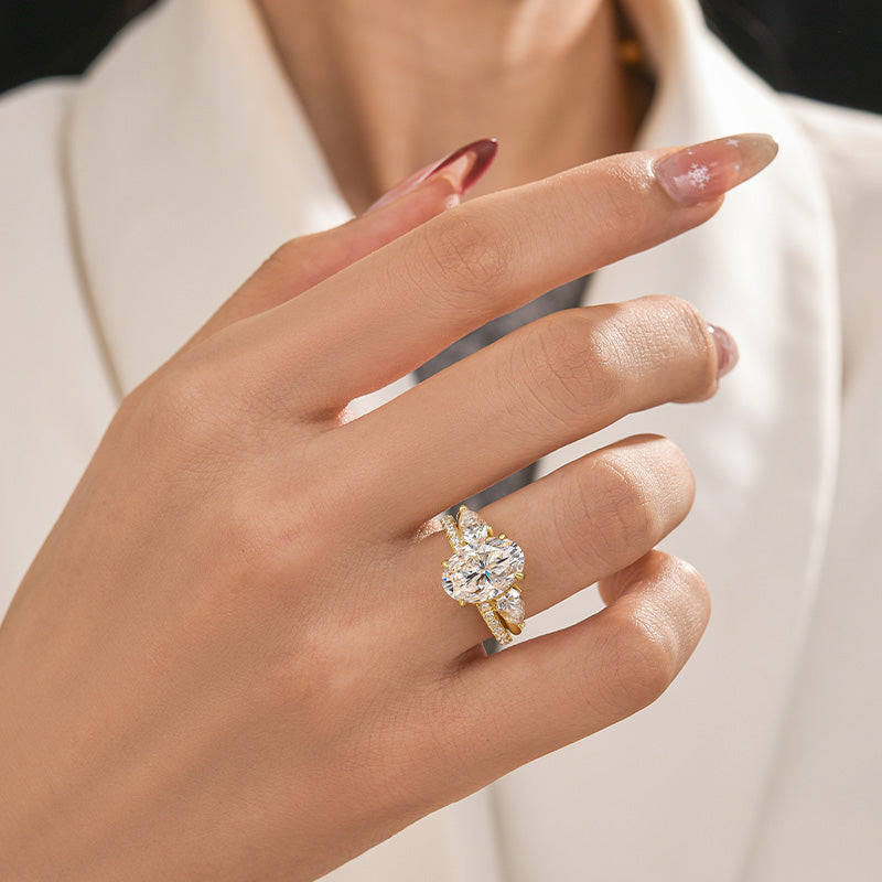Rodiffy Moissanite 4.0Ct Oval Cut Yellow Gold Wedding Ring with Open Pear Cut Enhancer Ring