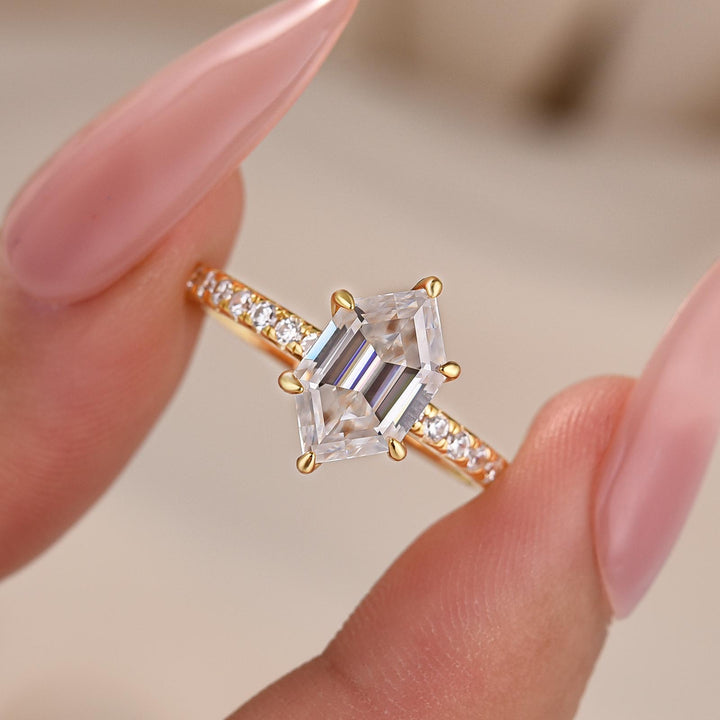 Moissanite 2.0Ct White Elongated Hexagon Cut Travel Engagement Ring