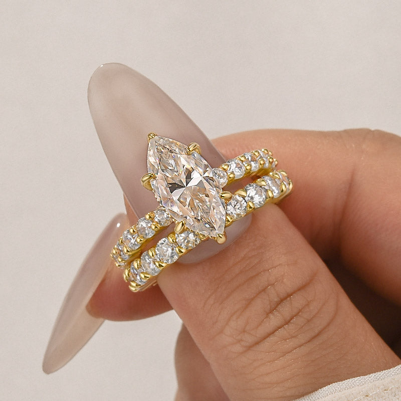 Moissanite 3.0Ct Marquise Side Stone Yellow Gold Travel Bridal Set