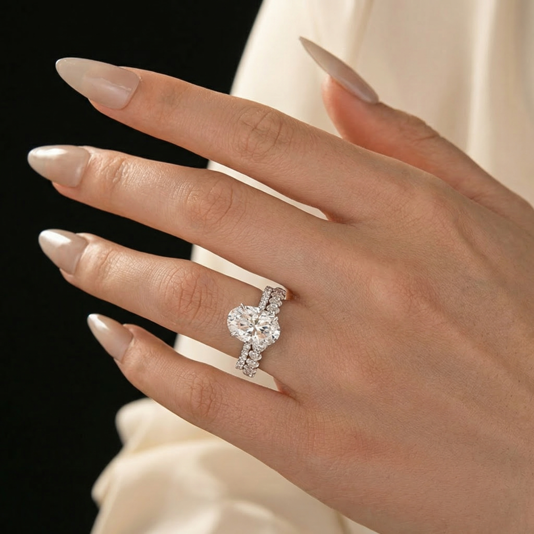 Moissanite 4.0Ct Hidden Halo Oval Cut White Gold Engagement Ring with 3.0Ct Oval Cut Wedding Band