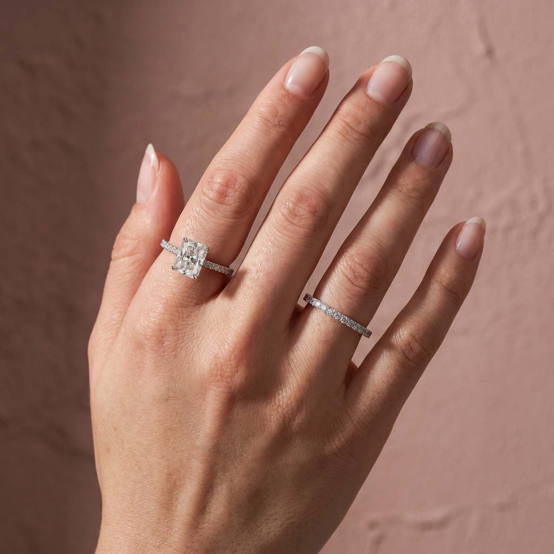 Rodiffy Moissanite S925 2.0Ct Radiant Cut Engagement Ring Set in Sterling Silver with Pave Wedding Band