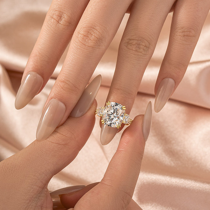 Moissanite 6.0Ct Cushion Cut Three Stone Engagement Ring In Sterling Silver