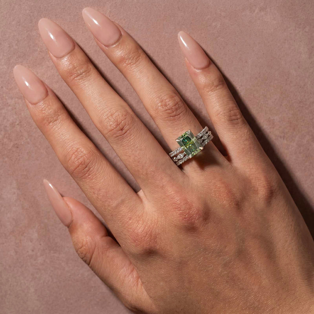 S925 Moissanite 3.5CT Radiant Cut Green Engagement Ring with Round & Marquise Accents Bands