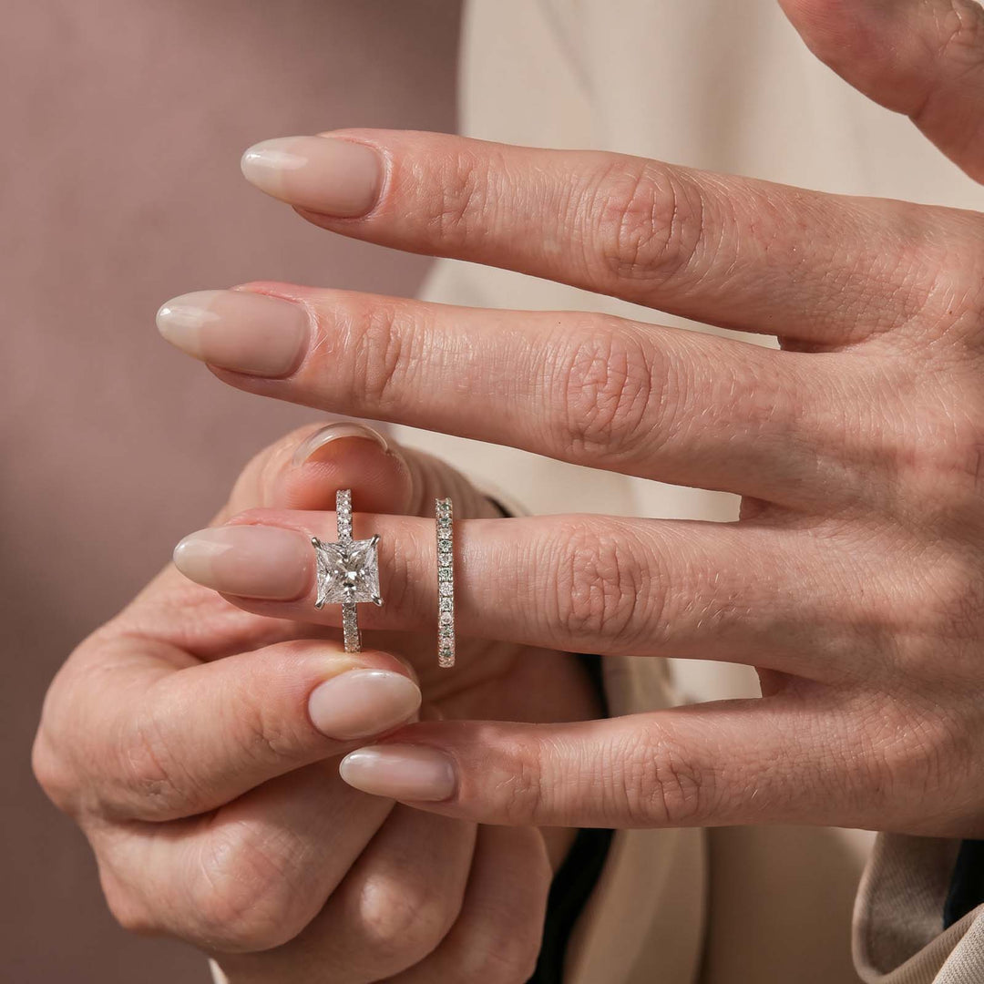 S925 Moissanite 2CT Princess Cut Engagement Ring Set 2PC Hidden Halo Solitaire Ring With Wedding Band