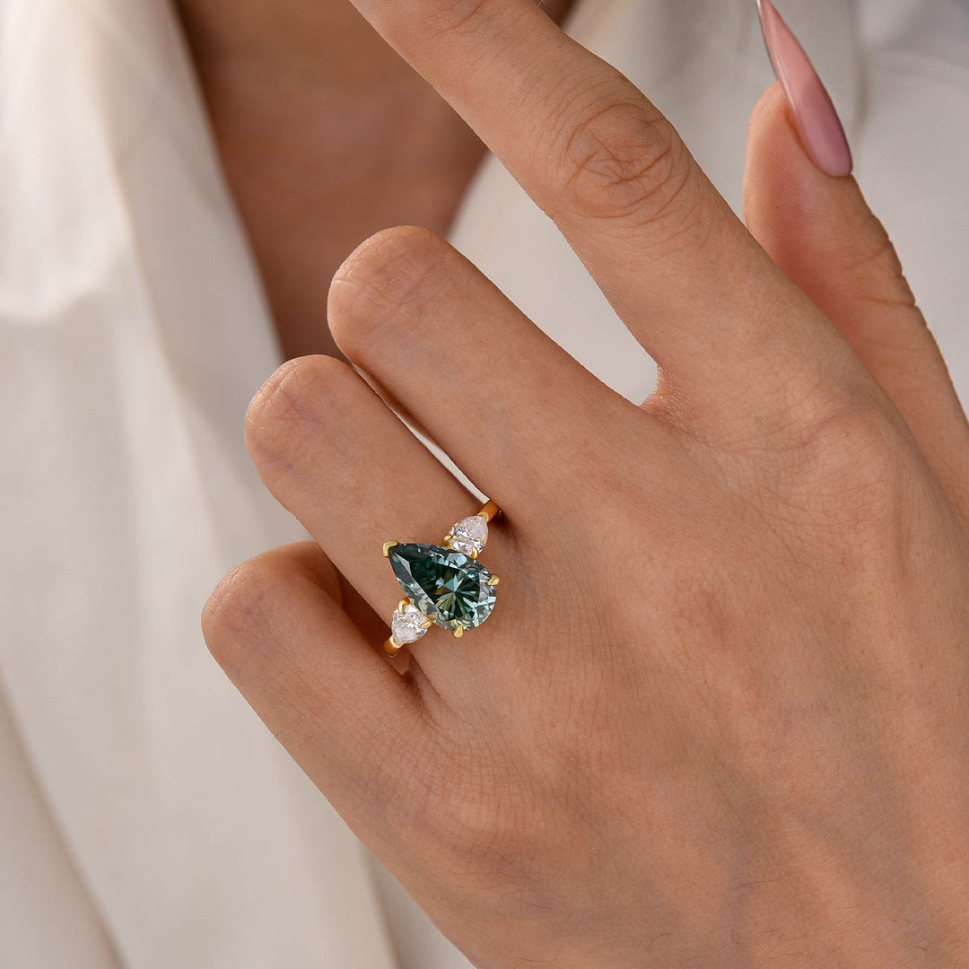 4.0Ct Green Pear Cut Moissanite Three-Stone Nature-Inspired Ring