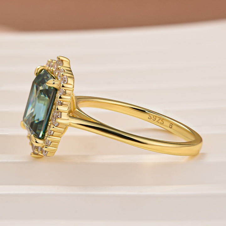 Moissanite 3.0Ct Halo Emerald Stone Emerald Cut Engagement Ring in Sterling Silver