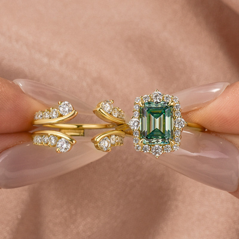 Moissanite 3.0Ct Yellow Gold Halo Emerald Stone Emerald Cut Engagement Ring with Enhancer Ring