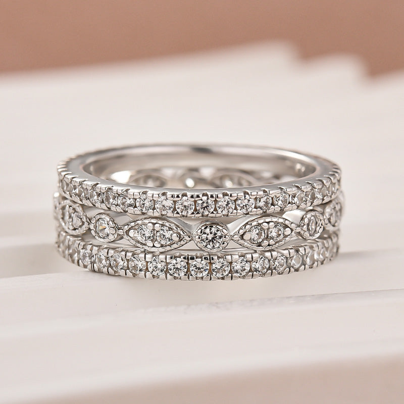 Eternity 3PCS Stacking Moissanite Wedding Band Set In White Gold Plated