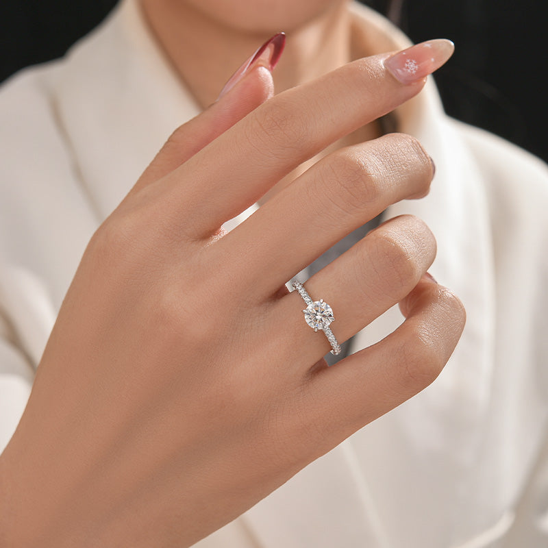 Triple Row Pavé 1.0Ct/2.0Ct Round Cut Moissanite Engagement Ring In Sterling Silver
