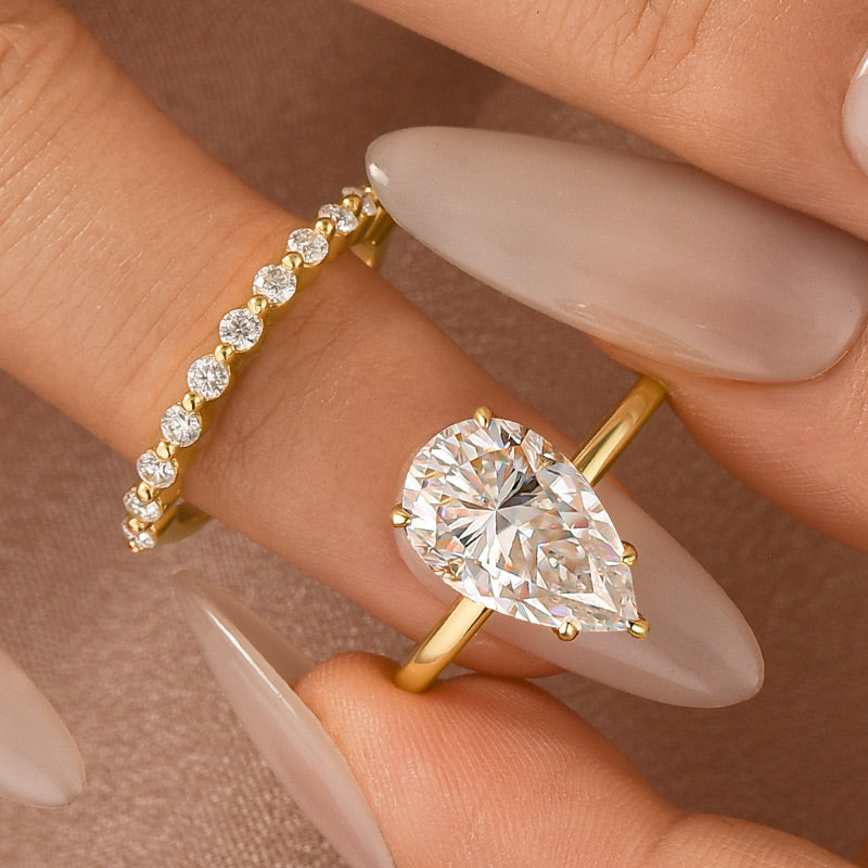S925 Moissanite 4.0Ct Pear Cut Engagement Ring With Pave 0.36Ct Band 2PC Stackable Bridal Ring Set