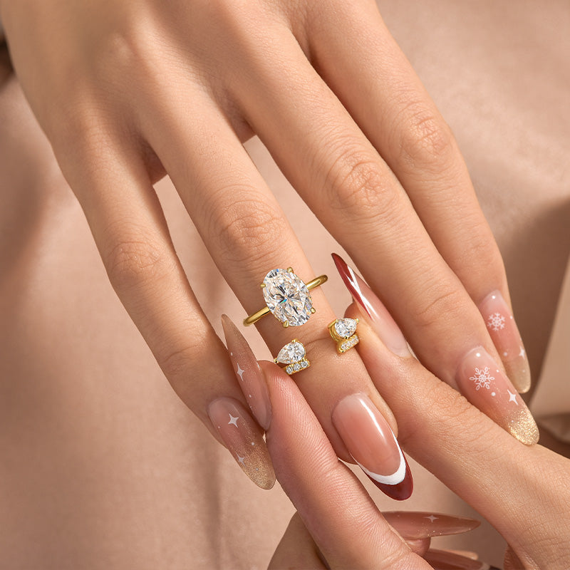 Rodiffy Moissanite 4.0Ct Oval Cut Yellow Gold Wedding Ring with Open Pear Cut Enhancer Ring