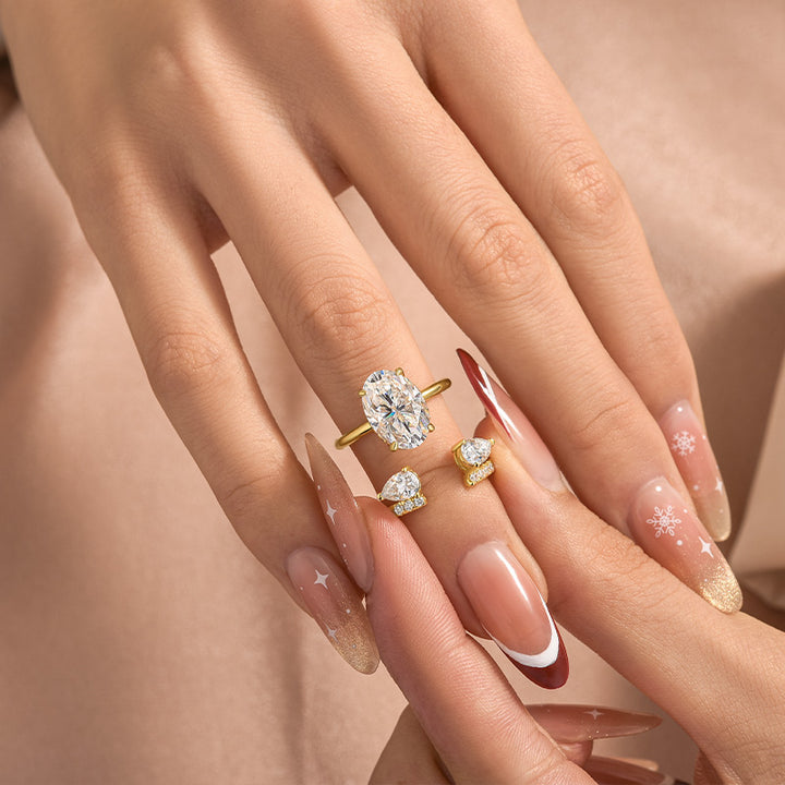 Rodiffy Moissanite 4.0Ct Oval Cut Yellow Gold Wedding Ring with Open Pear Cut Enhancer Ring