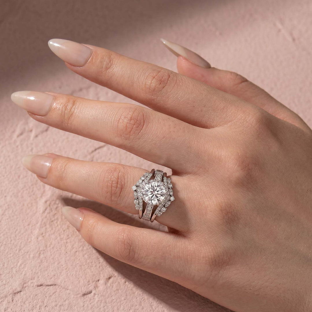 Rodiffy Moissanite 2.0Ct Round Cut Engagement Ring with 1.65Ct Enhancer Wedding Band