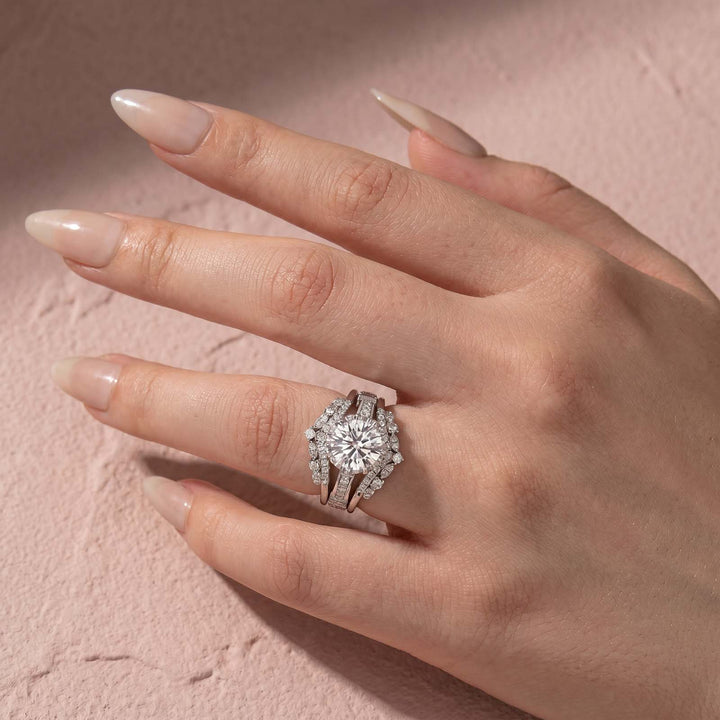 Rodiffy Moissanite 2.0Ct Round Cut Engagement Ring with 1.65Ct Enhancer Wedding Band