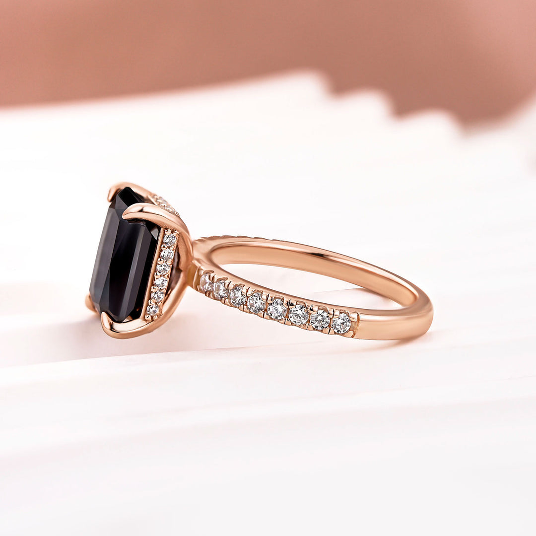 Moissanite Radiant Cut 3.5Ct Hidden Halo Black Stone Ring In Sterling Silver