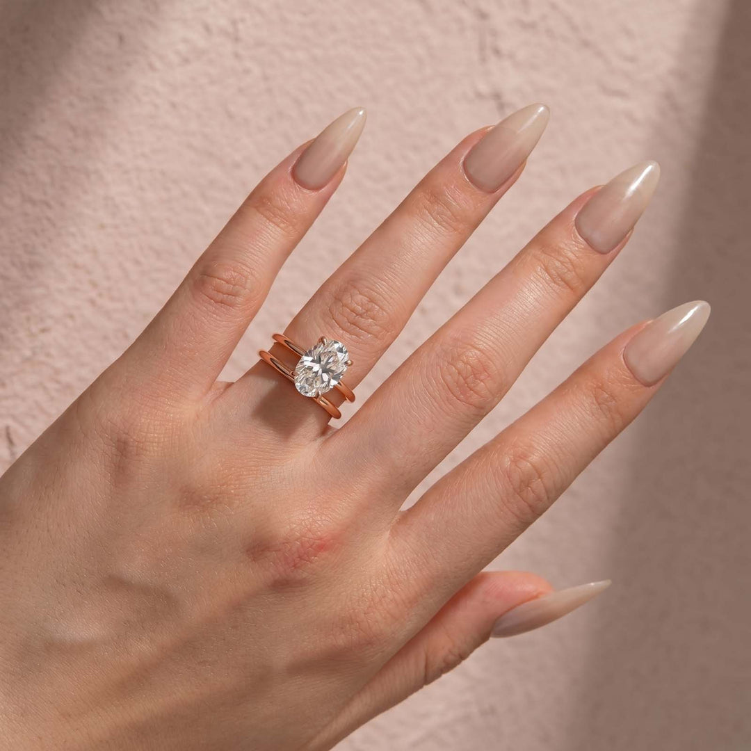 Rodiffy Moissanite 4.0Ct Solitaire Oval Cut Rose Gold Engagement Ring with Plain Wedding Band