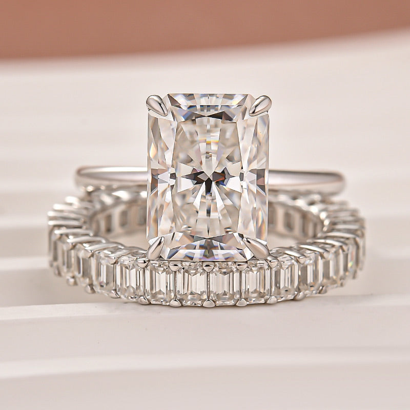 Moissanite 4.5Ct Solitaire Radiant Cut White Gold Wedding Ring with Emerald Cut Wedding Ring
