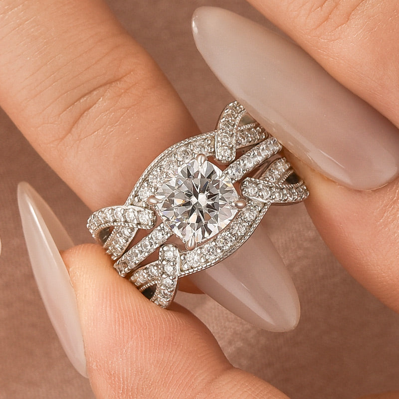 S925 Moissanite 2Ct Cushion Cut Wedding Ring & Twisted Pave 1.17Ct  Band 2PC Enhancer Bridal Ring Set