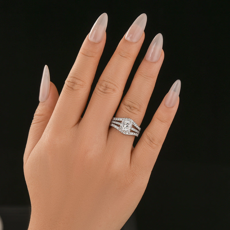 Moissanite 3.0Ct Cushion Cut/2.0Ct Princess Cut White Gold Wedding Ring with Enhancer Ring