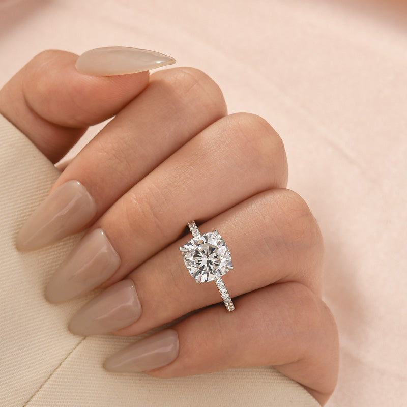 S925 Moissanite 3.5Ct Cushion Cut Double Hidden Halo Engagement Ring in Sterling Silver