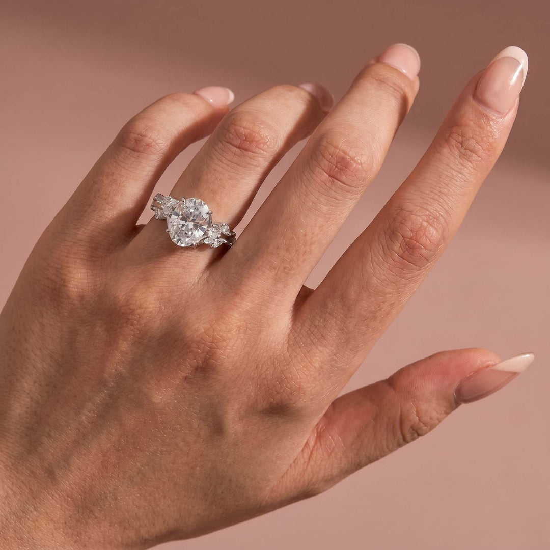 S925 Vintage Moissanite 3.0Ct Oval Cut Side Stone Twist Engagement Ring in 18K White Gold Sterling Silver