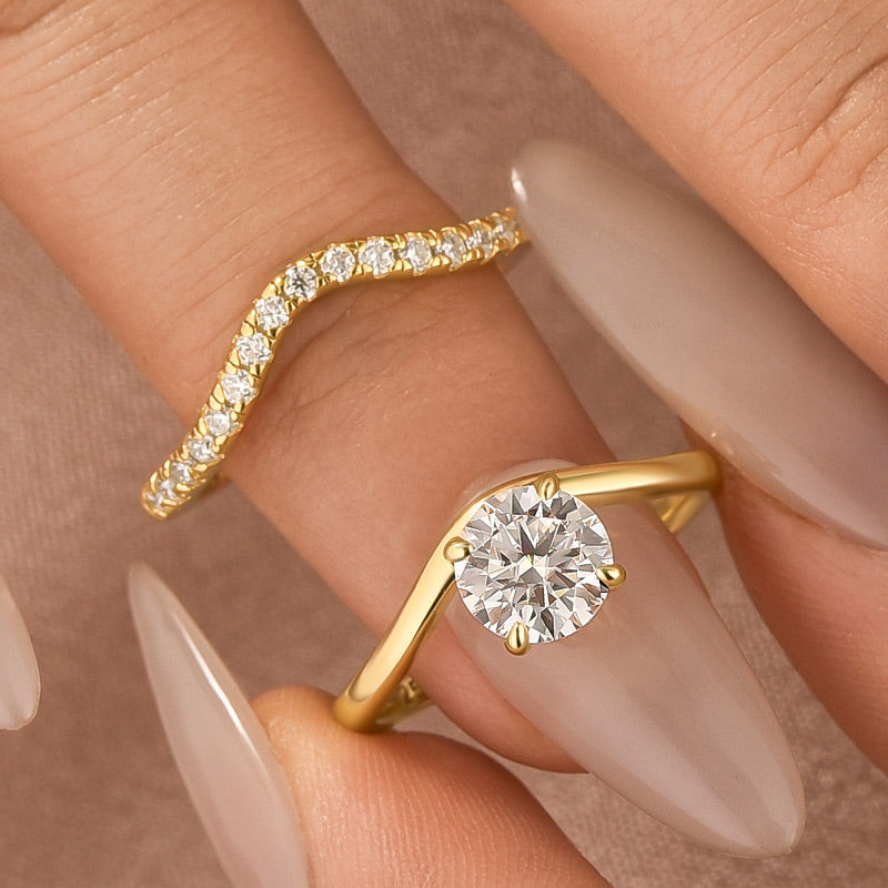 S925 Moissanite 1.0Ct Round Cut Promise Ring & V-Shaped 0.25Ct Band Stackable Bridal Ring Set