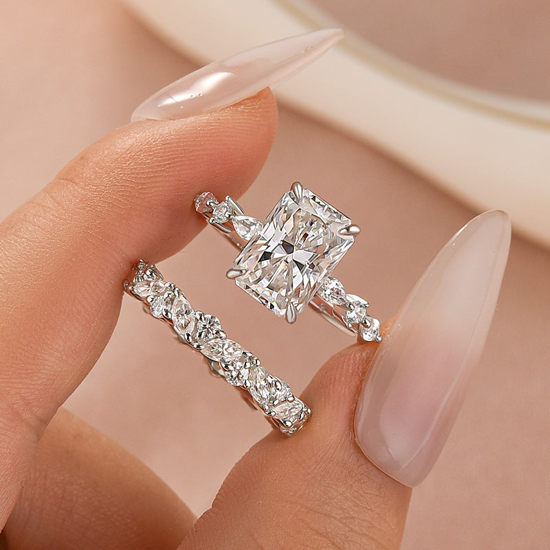 Moissanite 3.5 Ct Radiant Cut White Gold Engagement Ring with Marquise & Round Wedding Ring