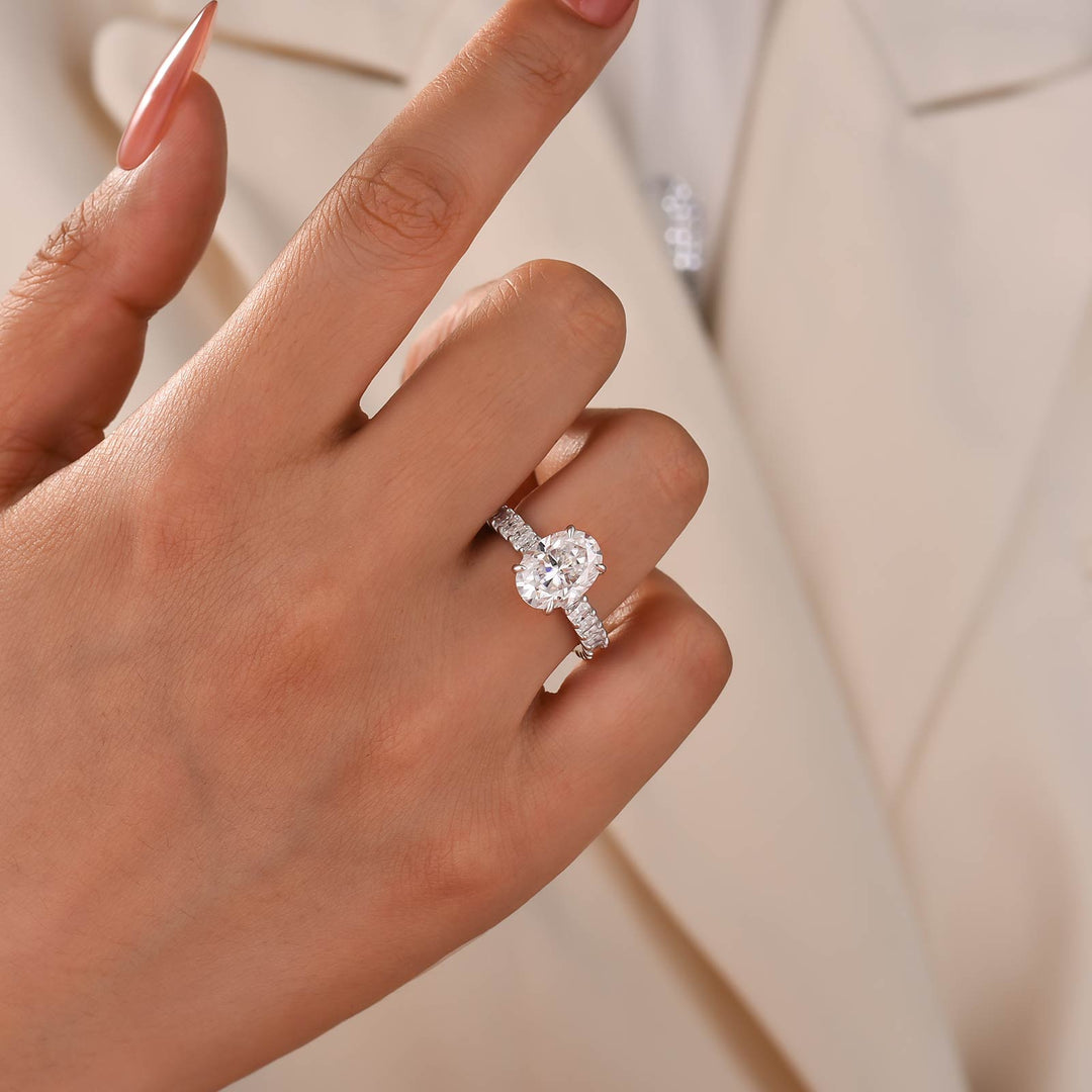 Moissanite 3.5Ct Oval Ring With Hidden Sparkle & Side Stones In Sterling Silver