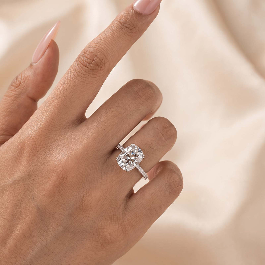 S925 Hidden Halo Moissanite 5.5 Cushion Cut Bold Self Radiance Half Pave Ring