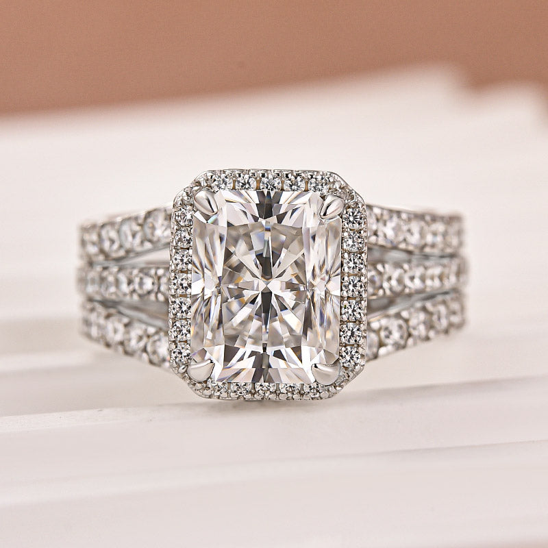Moissanite 3.0Ct Halo Radiant Cut White Gold Wedding Ring with Enhancer Ring
