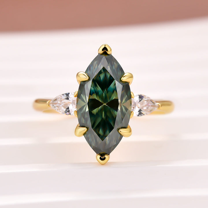 Three-Stone 3.0Ct Green Marquise Moissanite 18K Yellow Gold Plated Engagement Ring